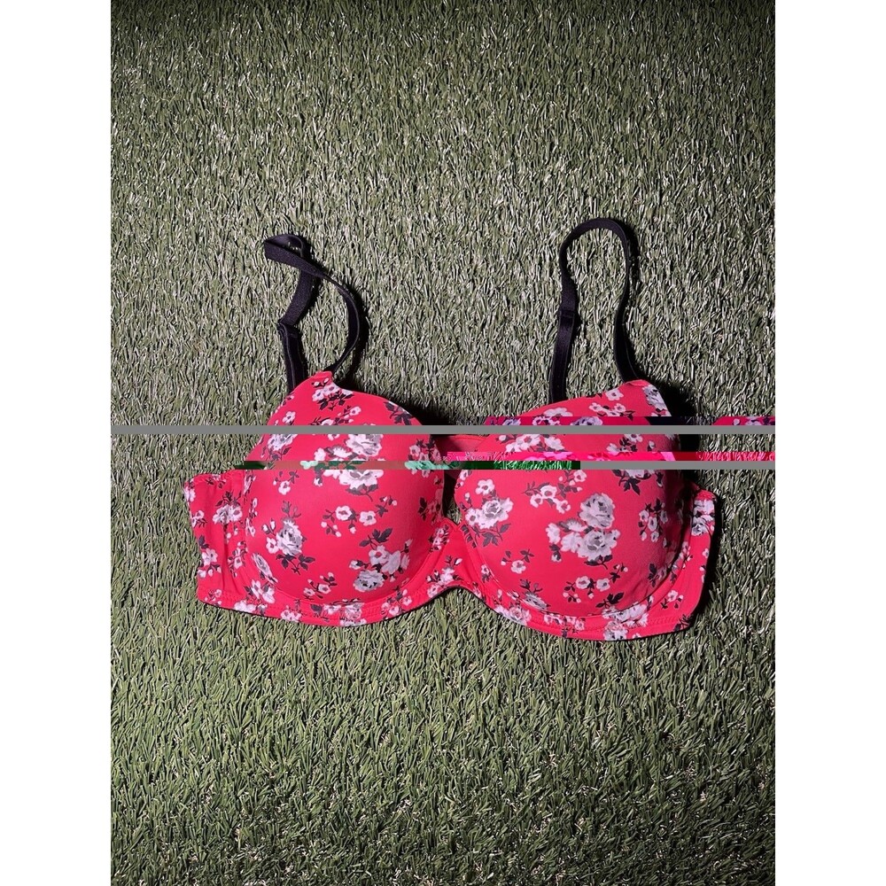 PINK Victoria's Secret Floral T-Shirt Bra Pink Black White 34C Adjustable Strap